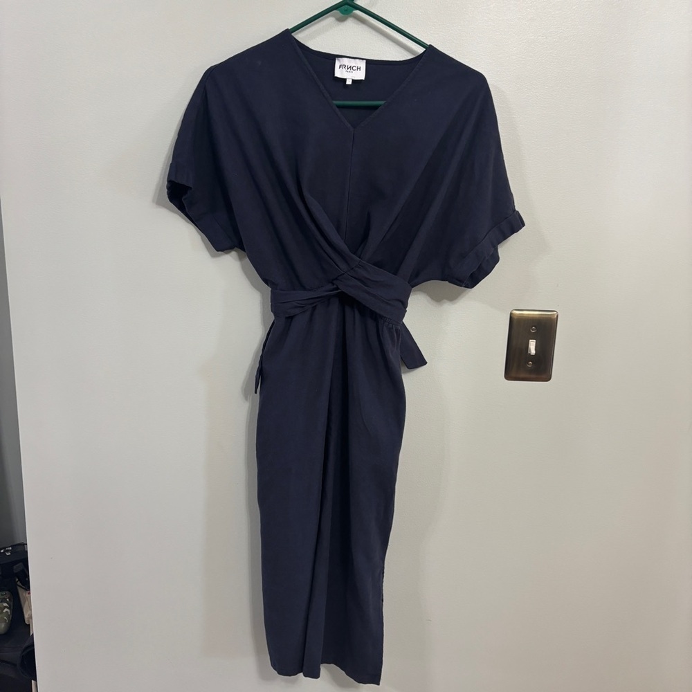 Frnch Paris linen blend navy blue midi dress large